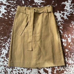 Belted, lined golden tan linen skirt